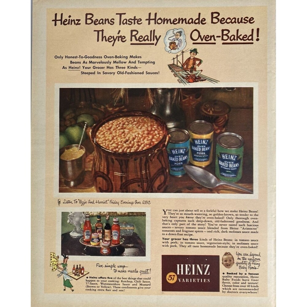 Heinz 57 Beans Varieties "Taste Homemade Because Oven-Baked" Vtg Print Ad 1951